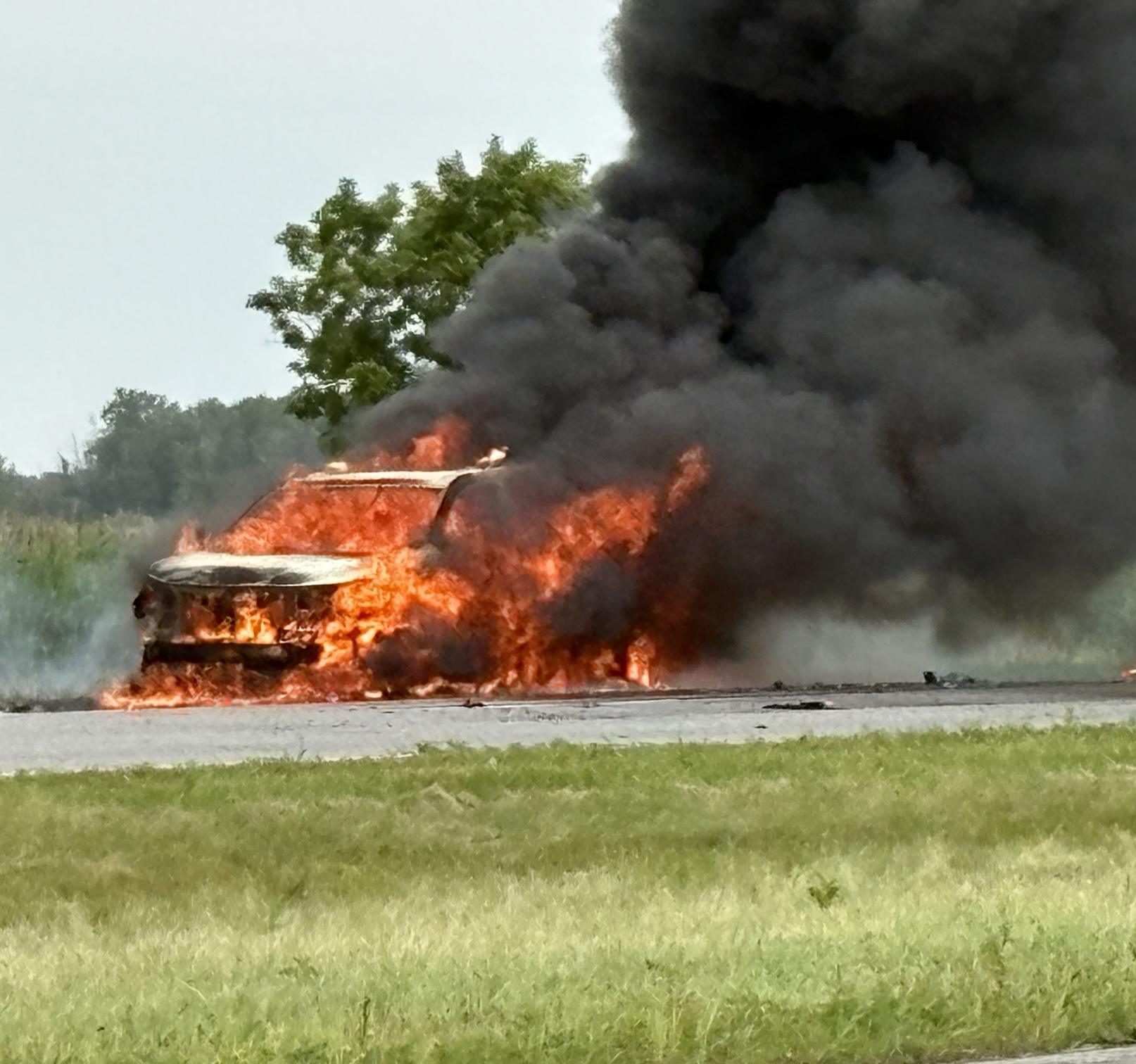 Three vehicles engulfed in flames on Highway 20